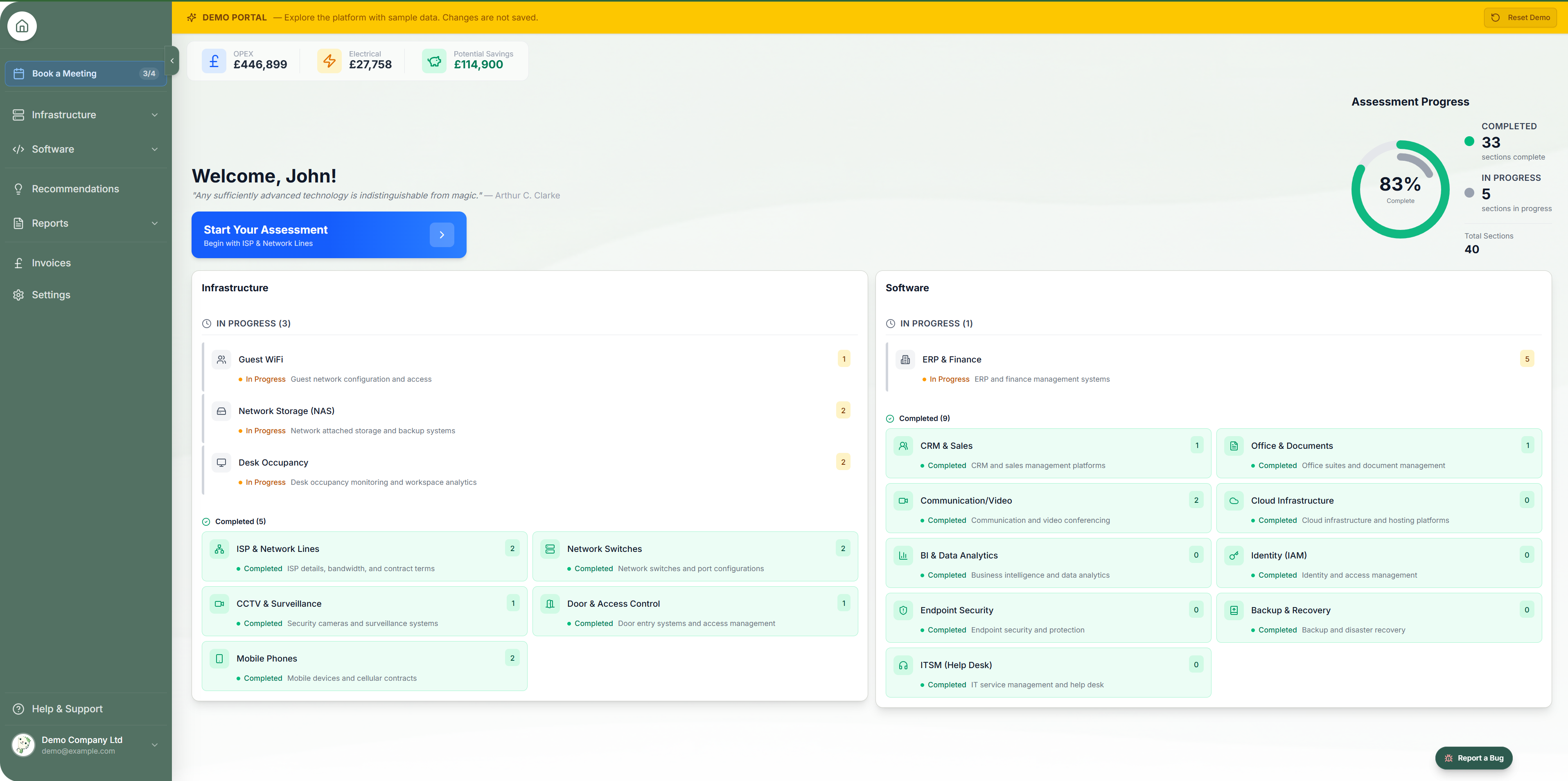 Demo portal preview showing IT infrastructure assessment dashboard